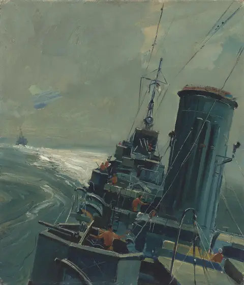 Artwork by Alan Moore of HMAS Arunta patrolling the Admiralty Islands