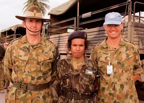 Major General Peter Cosgrove with Falintil Vice Commander Taur Matan Ruak and Lieutenant Commander Ian Parker