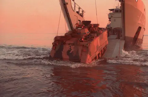 Elements of 5/7RAR disembark from a Navy LGH during the occupation of the Oecussi Enclave