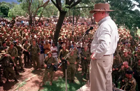 Prime Minister John Howard visits troops in East Timor in late November 1999.