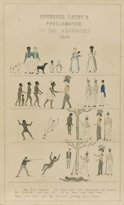 Alfred Bolter, Governor Davey's Proclamation to the Aborigines, 1816 (c. 1866, lithograph, 48 x 28 cm)
