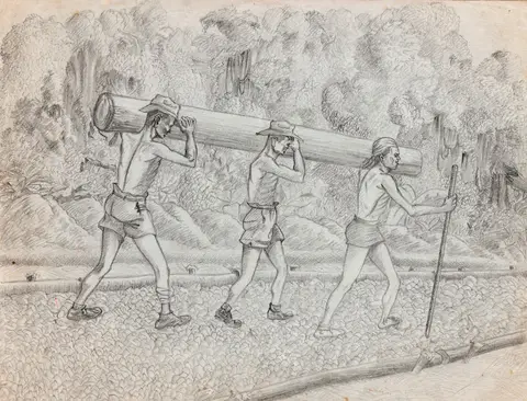 Artwork by James French, of three men carrying railway sleepers.
