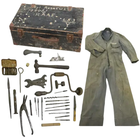 Collection of items including overalls, tools and toolbox used by an airframe fitter and a 