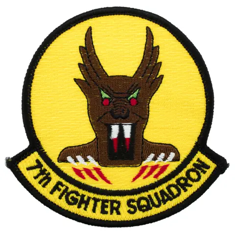 Large yellow and black velcro backed patch with a six clawed bunyip over the words '7th Fighter Squadron'.