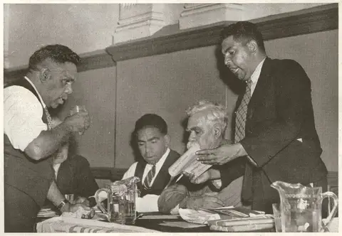 Tom Foster, Jack Kinchela, Douglas Nicholls, William Cooper and Jack Patten discuss a resolution as part of the Aborigines Day of Mourning on 26 January 1938