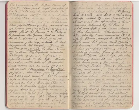 Open pages of the diary of Frederick Tubb from August 1915