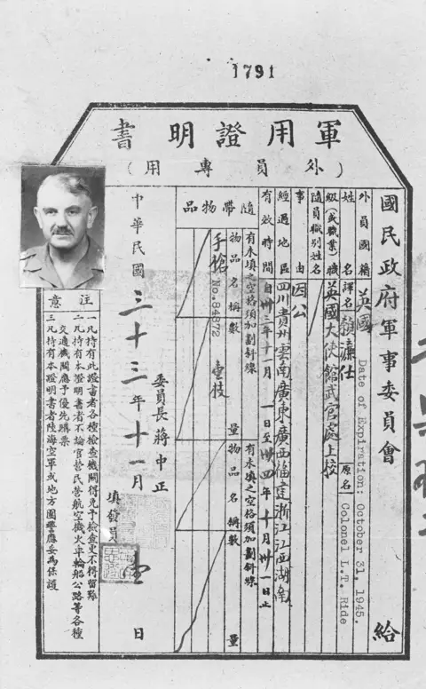 Copy of the trave certificate issued to Colonel Lindsay