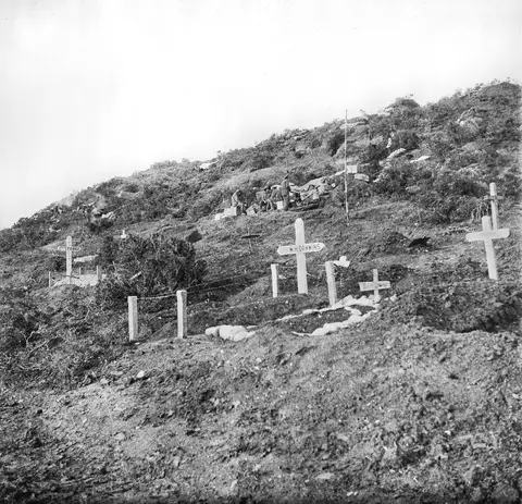 The cemetery near Hell Spit on the southern horn of ANZAC Cove. The grave on the left is that of Captain Bage.