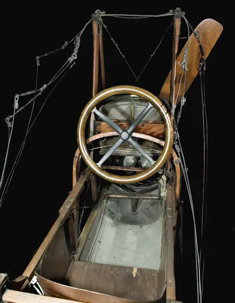 Deperdussin cockpit,Deperdussin taxi-type single seat training monoplane with 35hp Anzani Y-type three cylinder engine radial. Its serial number is CFS.5. The fabric has been replaced but most other parts are original.
