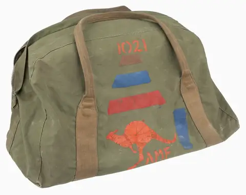 Olive green Australian Army issue kitbag with a zip closure and two webbing handles.