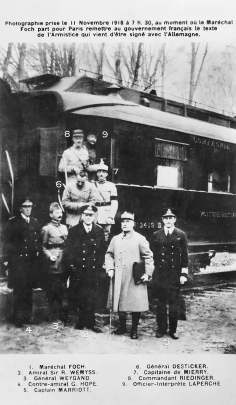 French and British delegates beside the train carriage at Compiègne after the signing of the Armistice on 11 November 1918.  AWM P05359.002