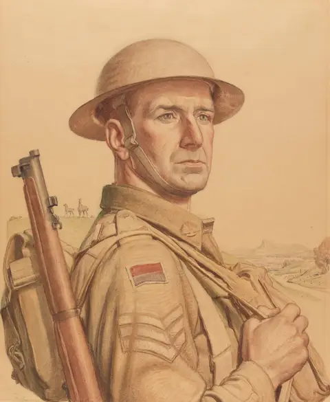 Napier Waller, Self-portrait, the sergeant (1942, watercolour ). AWM ART27820