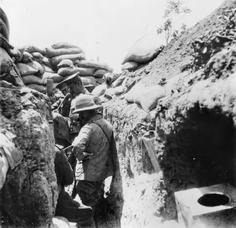 A thunderbox in a well-fortified trench, Gallipoli.