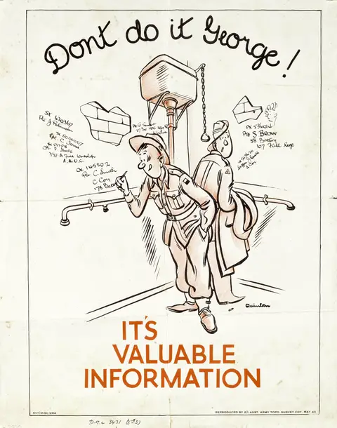 Don’t Do It George, It’s Valuable Information (1943, photolithograph, 43 x 34 cm). A soldier writing his name, number, and unit on a toilet wall. AWM ARTV07970