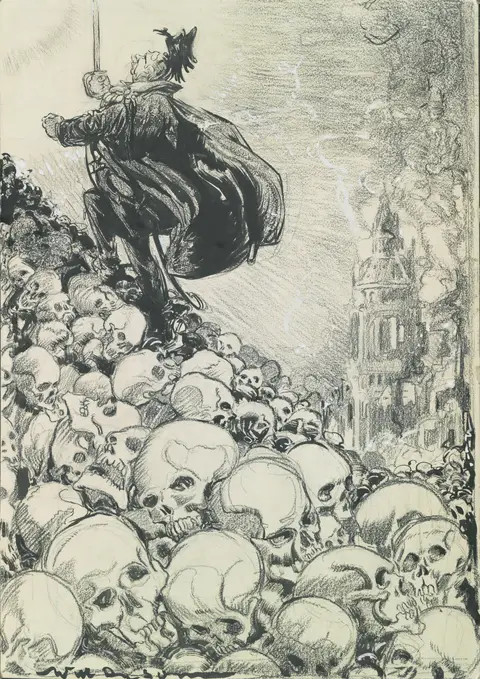 Will Dyson, Stepping stones to higher things, London, c 1915-1916, charcoal, brush and black ink, pencil, goauche on paper, 47.6 cm x 33.6 cm, AWM ART02265