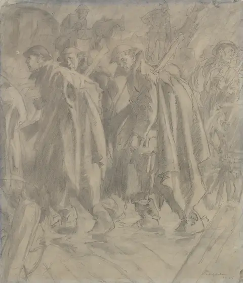 It shows exhausted Australian troops, draped in waterproof sheets, plodding through the rain and mud as they reach Montauban, a ruined village now containing temporary army huts and supply dumps several kilometres behind the frontline.