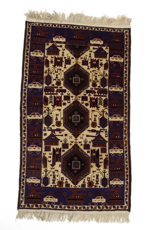Unknown artist, Afghan (Balochi) war rug (c 1980, wool, cotton and goat hair, 1200 x 2170 mm)
