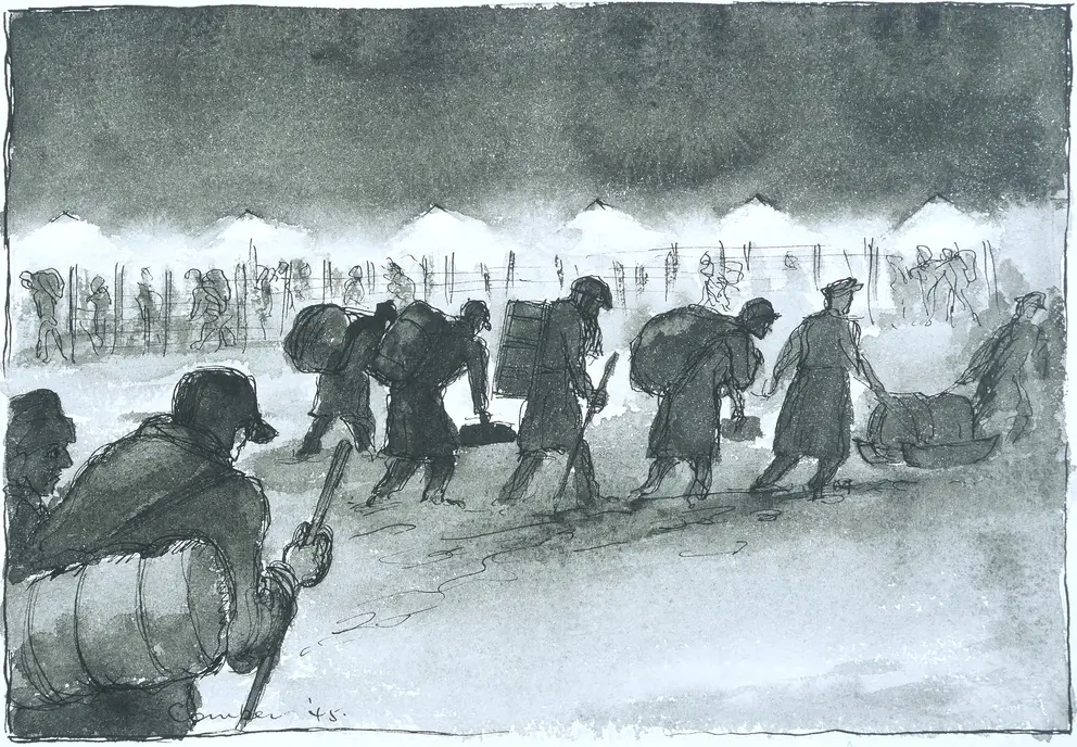Artwork showing prisoners of war on a long winter march from Stalag Luft III