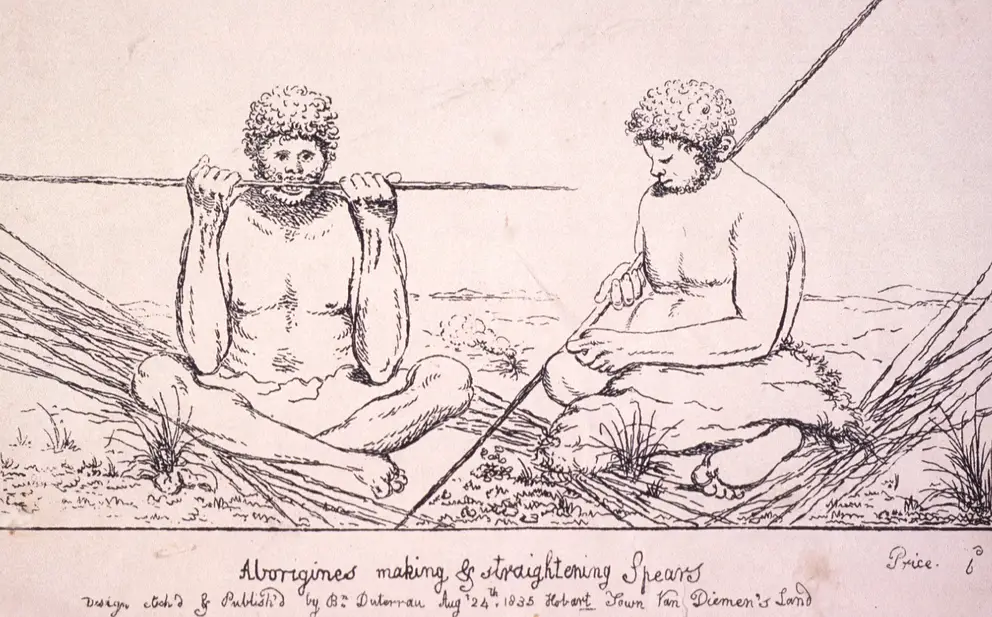 Benjamin Duterrau, Aborigines making & straightening spears, 1835