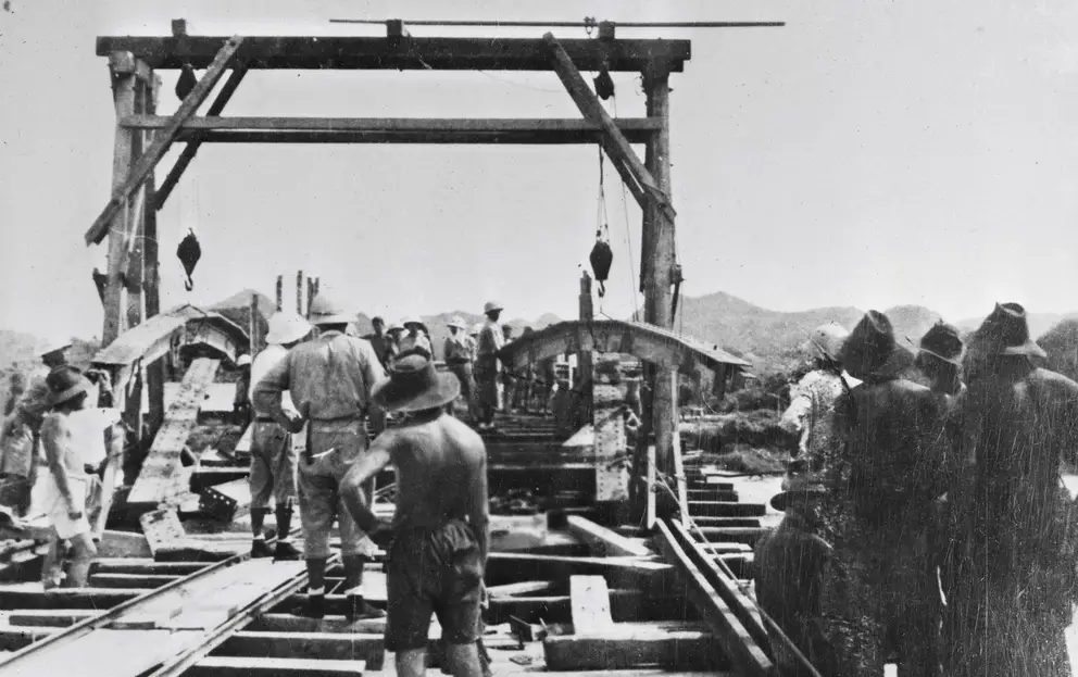 Building a bridge along the Burma-Thailand Railway.