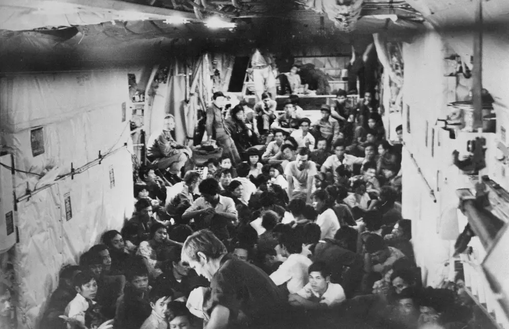 The cargo compartment of Hercules A97-209 of No. 36 Squadron carries South Vietnamese civilians fleeing the fighting.