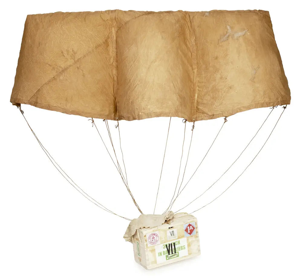 Small brown-dyed cotton parachute made from eleven panels used during the Battle of Hamel
