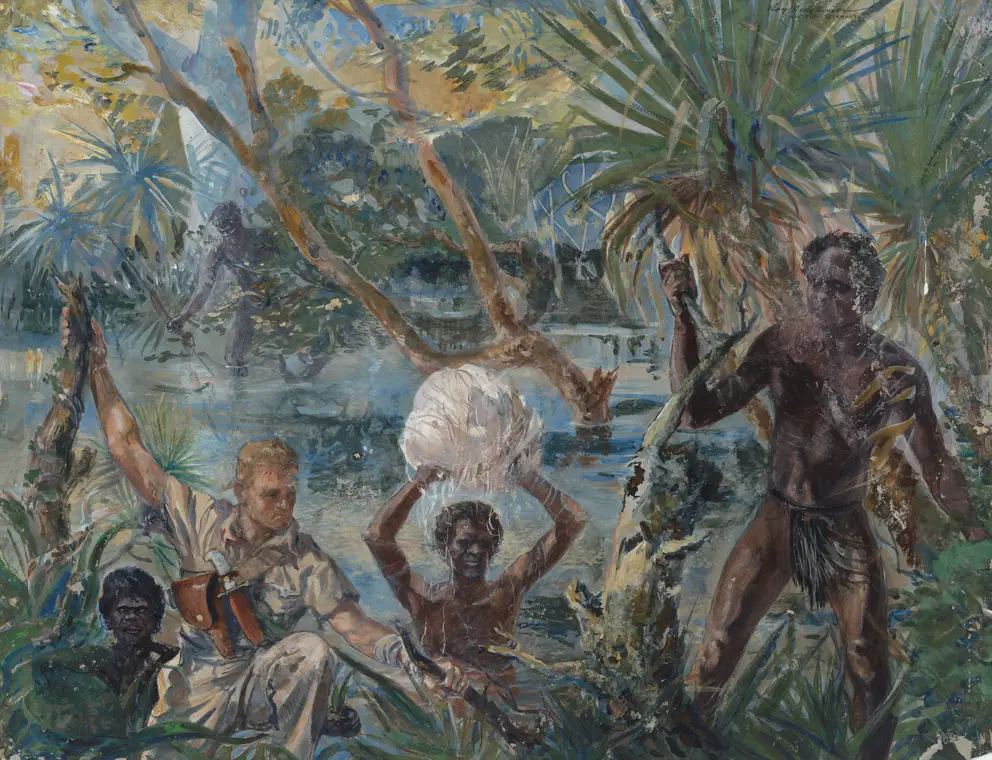 Painting by Roy Hodgkinson, titled Americans and Aborigines. 