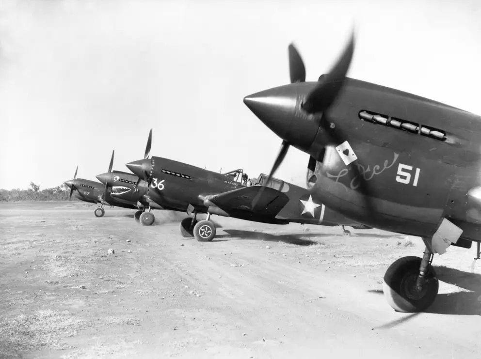 A line up of four Curtiss P-40E Warhawk