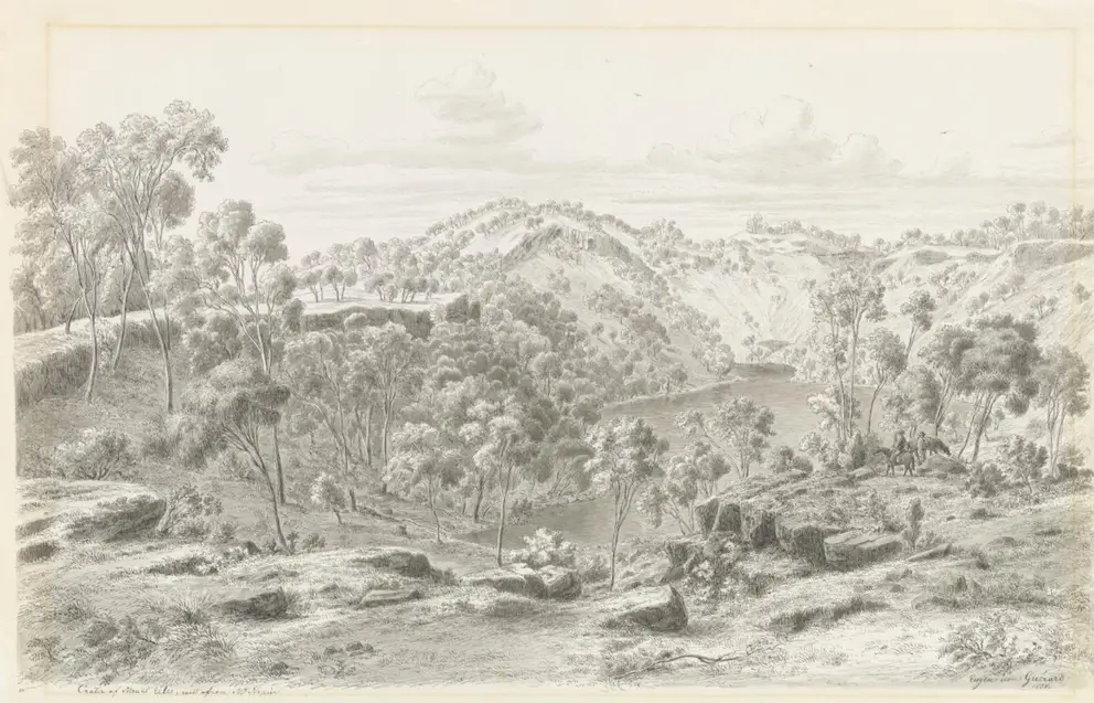 Eugen von Guérard, Crater of Mount Eccles, West from Mount Napier, 1858.&nbsp;Courtesy of National Gallery of Victoria, Melbourne 648-5. 