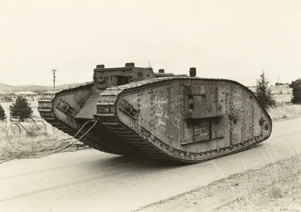 The Mk IV Female tank, known as 'GRIT', being delivered to the Australian War Memorial