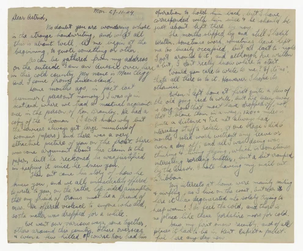 Handwritten letter to Astrid from Max Clegg
