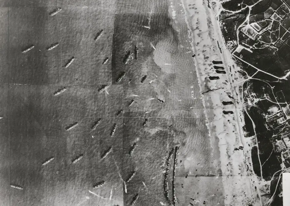 The landing beaches at Normandy from the air, 1944