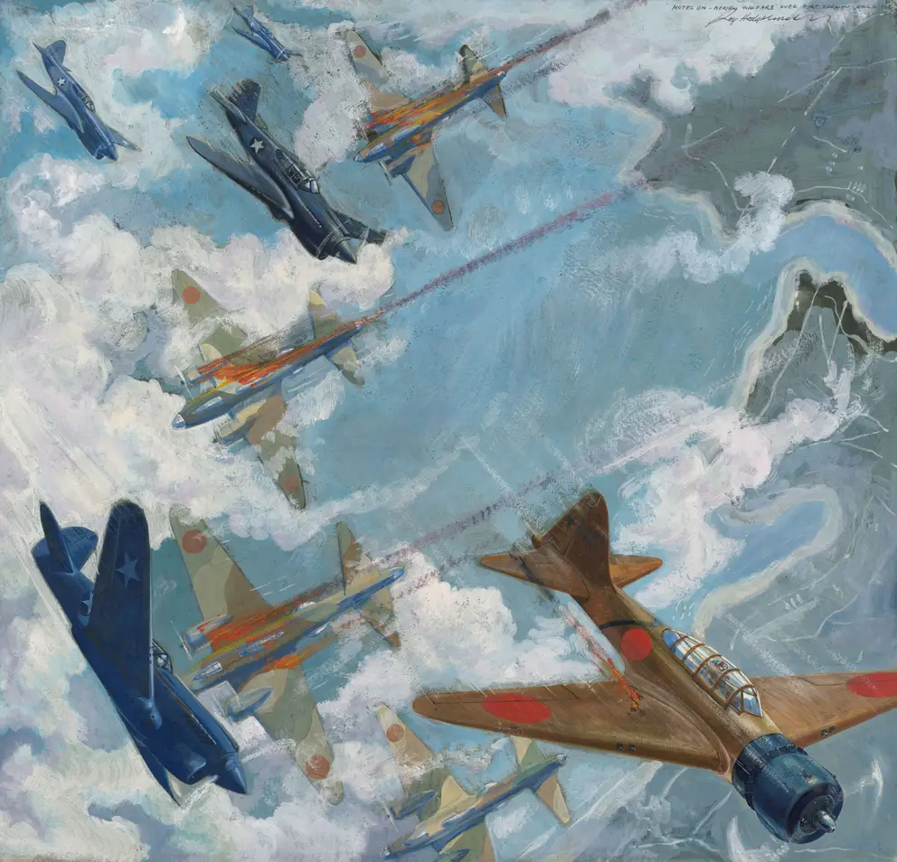 Artwork by Roy Hodgkinson of a blue sky with aircraft in combat.