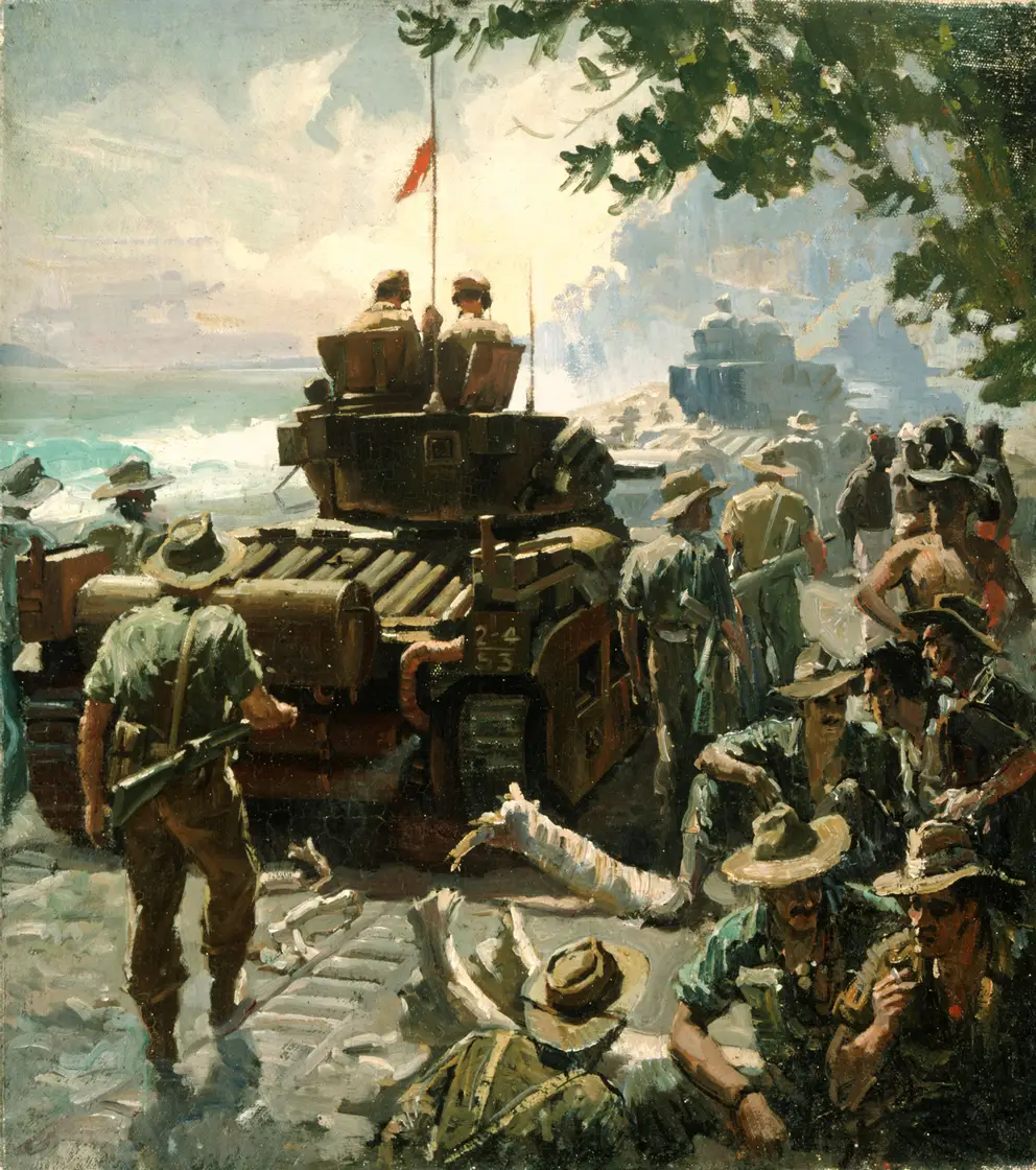Artwork by Geoffrey Mainwaring, Tanks and infantry, Aitape, New Guinea, 1945.