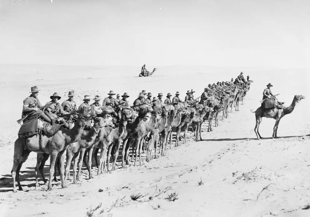 Australians of the Imperial Camel Corps on parade near Rafa, 1918