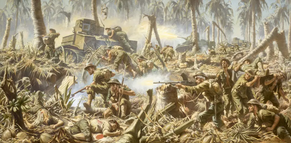 Geoffrey Mainwaring, "Australian action at Buna", 1962, oil on canvas, 175 x 313 cm.  AWM ART27547