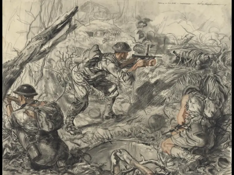  Roy Hodgkinson, Taking a foxhole, Sanananda,  New Guinea, 1943, black and sanguine crayons with wash on paper, 53 x 68 cm.  AWM ART21352