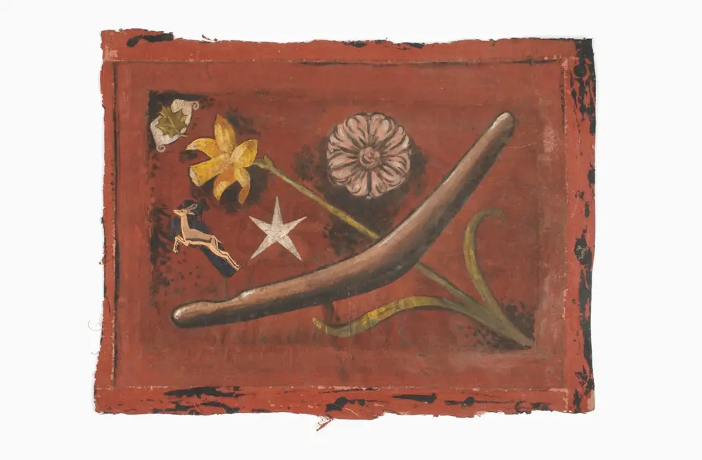 Rectangular shaped painted aircraft fabric 'nose art' from the forward left fuselage of Vickers Wellington Mark X bomber serial number LP 209 'J for Johnny' of 142 Squadron Royal Air Force (RAF). The red brown painted fabric has been painted with a boomerang and daffodil in the centre with a white tudor rose, a white five pointed star and a green maple leaf on a white scroll painted around the outside. A paper cut-out of a springbok has been pasted on to the left side. AWM REL30874