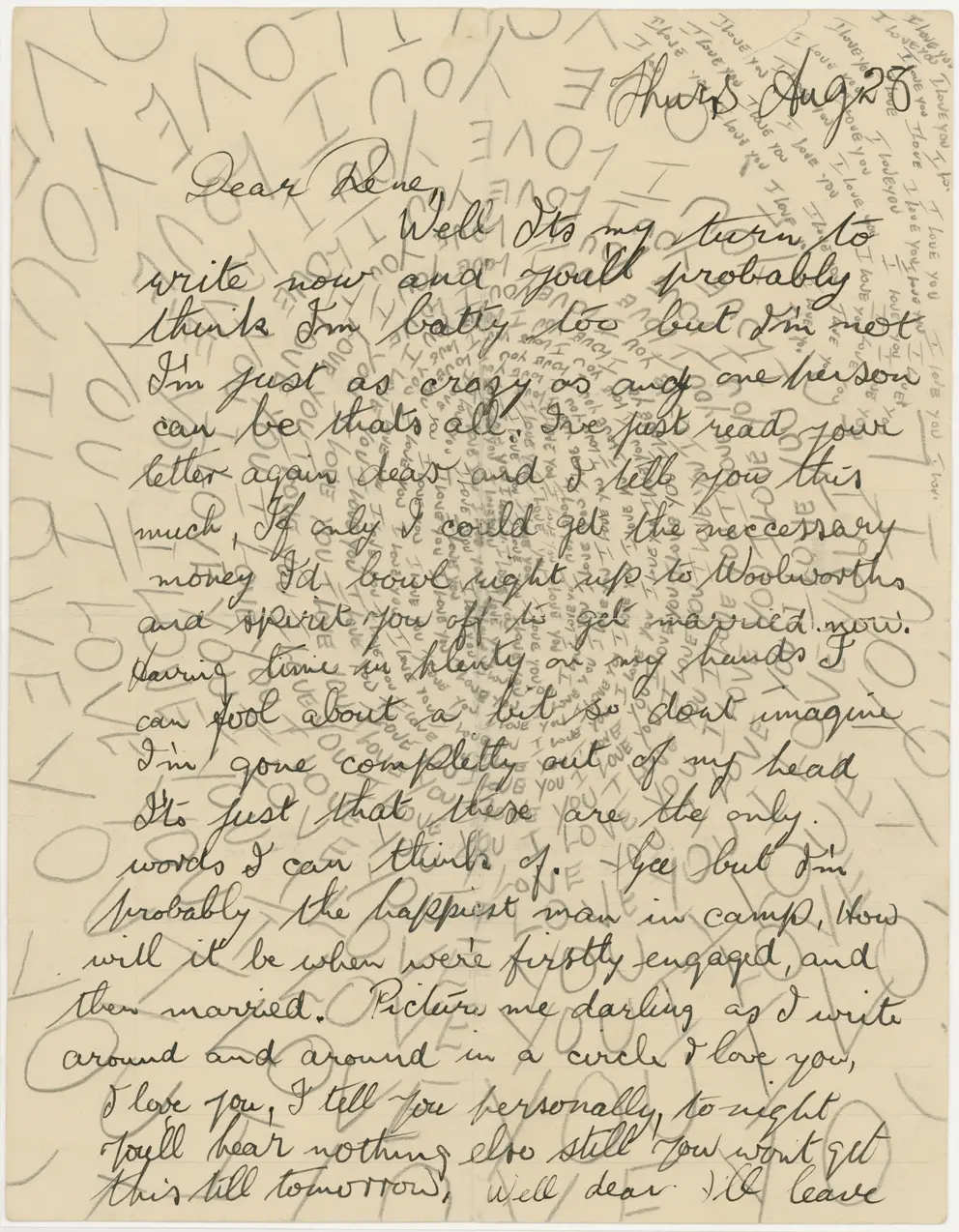 Letter written to Irene with 'I love you' written in spiral pattern