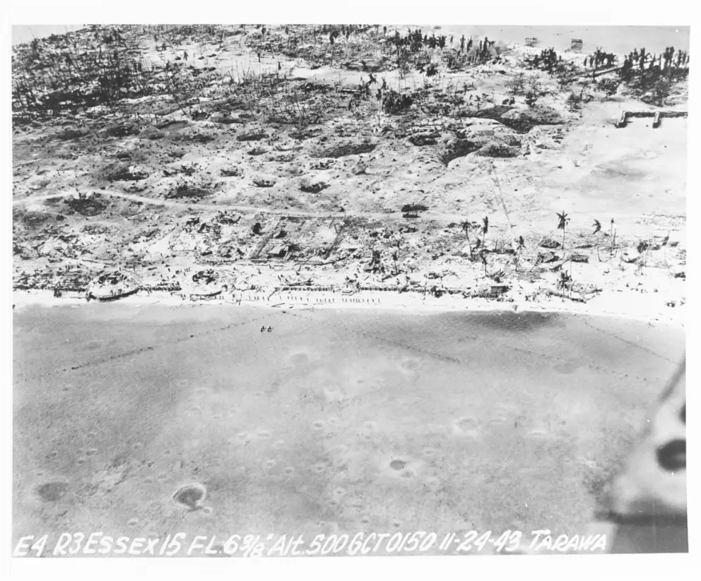 Ruined Betio. The entire islet was heavily damaged. Photo credit 80-G-90388 US Naval History and Heritage Command