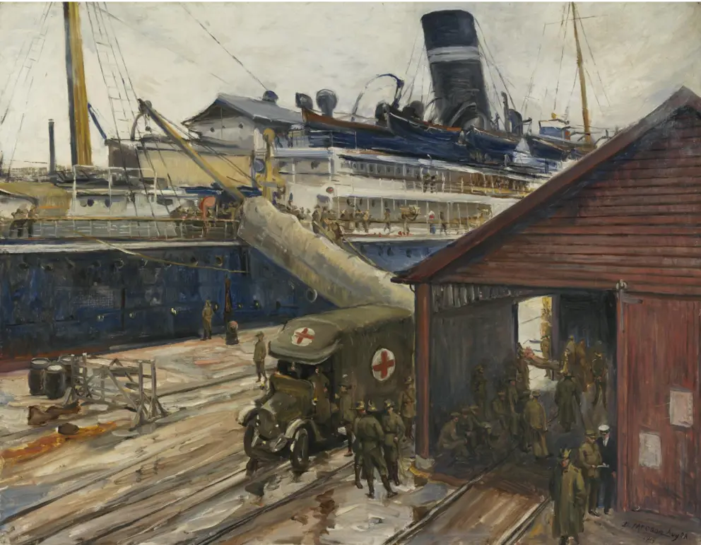 Dora Meeson, Departure of the last Australian hospital ship from Southampton, England (1919), oil on canvas. ART03190.