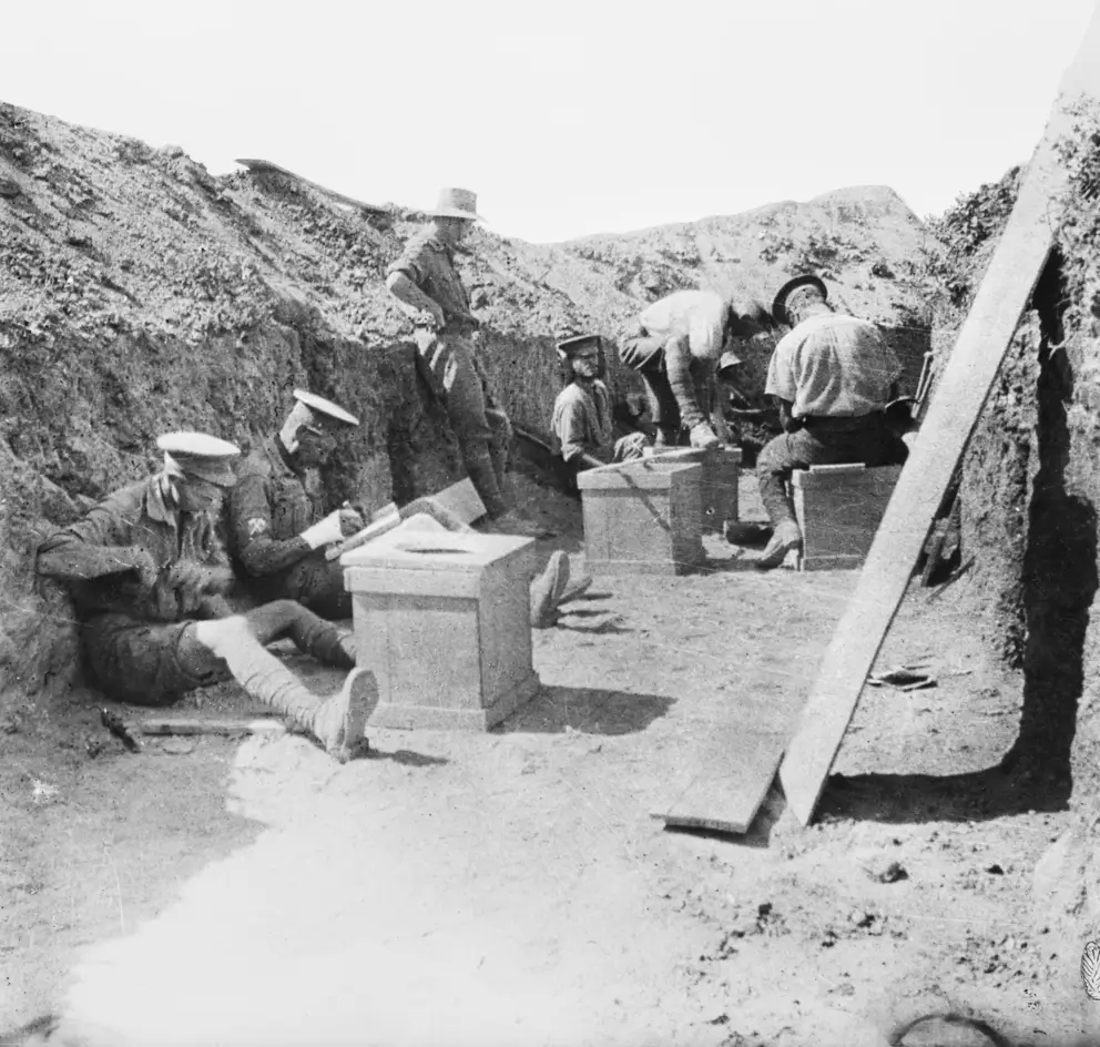 Pioneers of the First Battalion building thunderboxes, August 1915.
