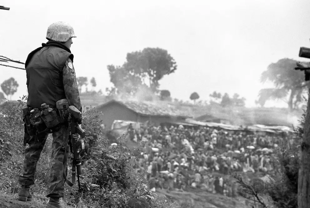 Corporal Brian Buskell keeps watch near the Australian casualty clearing post at Kibeho