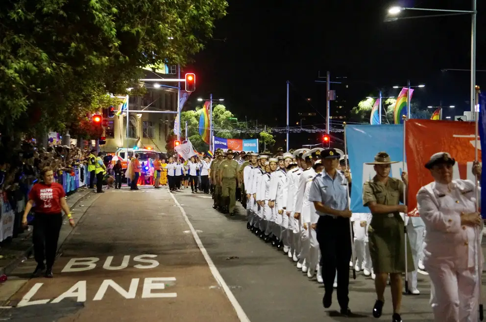 Standard bearers and uniformed personnel of the Australian Defence Force marched in the Sydney Mardi Gras parade for the first time in 2013