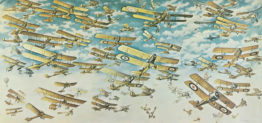 First section of mural depicting aircraft 1909–1918.