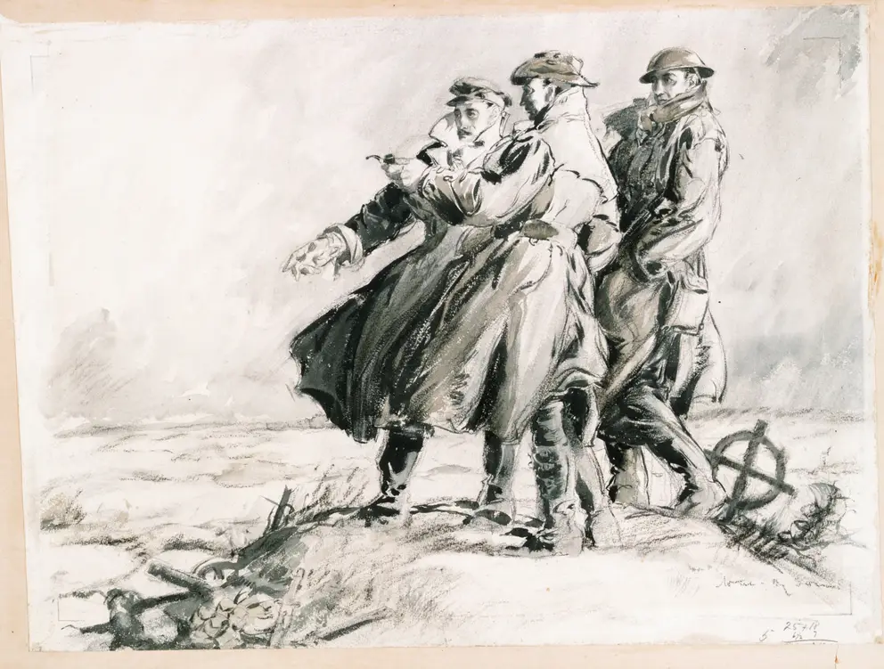 The work depicts three men standing in what had been the battlefield of Pozieres on the Western Front.