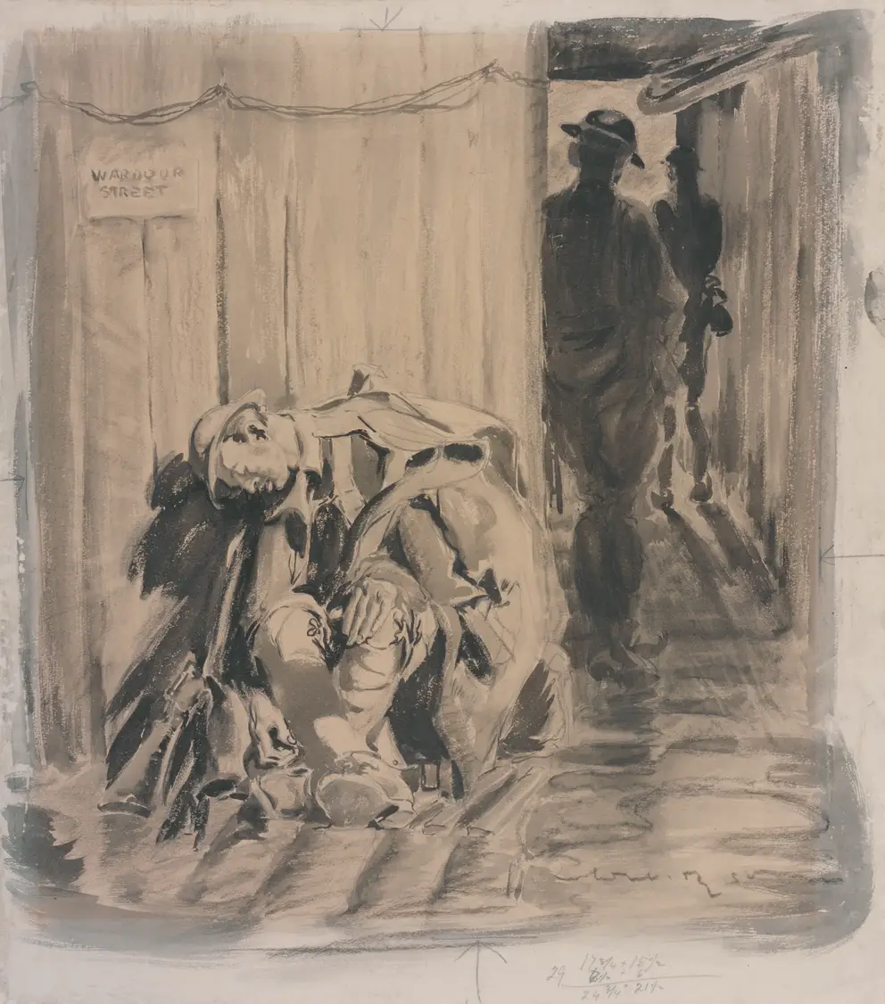 Depicts an exhausted Australian soldier wearing full kit and greatcoat, sleeping in a tunnel during the Third Battle of Ypres