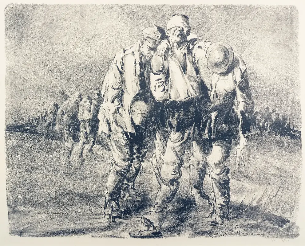 Depicts a wounded German soldier, captured near Ypres, being led by Australian soldiers across a war damaged landscape.