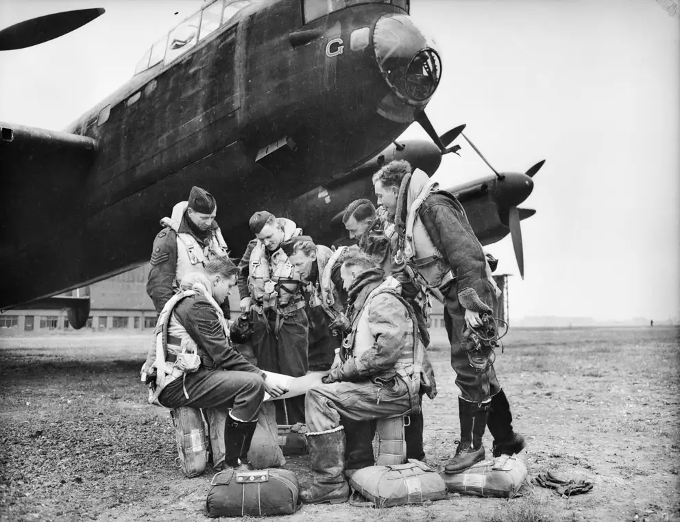 Members of the crew of "G" for George, the veteran Lancaster aircraft of 460 Squadron RAAF in the UK