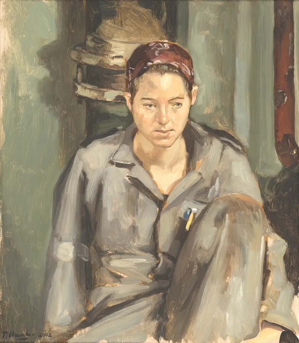 Peter Churcher, Stoker Emma Conway: the engine room, HMAS Kanimbla&nbsp;(18 February 2002, oil on hardboard, 40 cm x 35 cm)